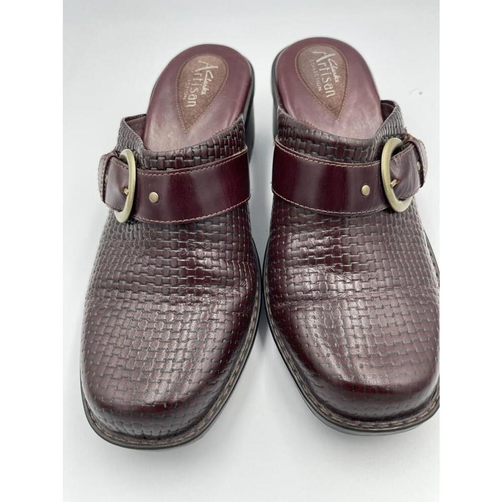 Clarks Artisan Collection Slip-on Mules Clogs 8.5 M Woven Dark Brown 2”Heel EUC